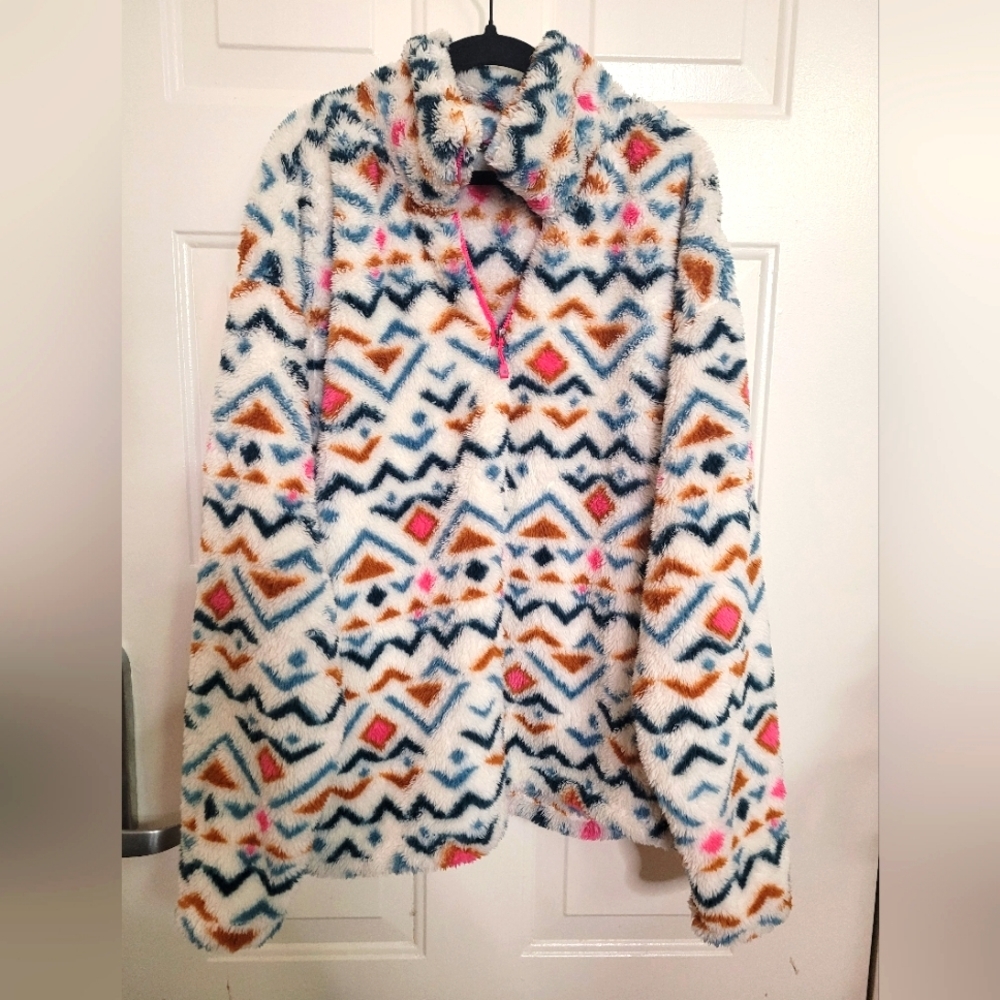 Eddie Bauer Colorful Print Sherpa Pull‎ Over Sweater Jacket Size XXL
